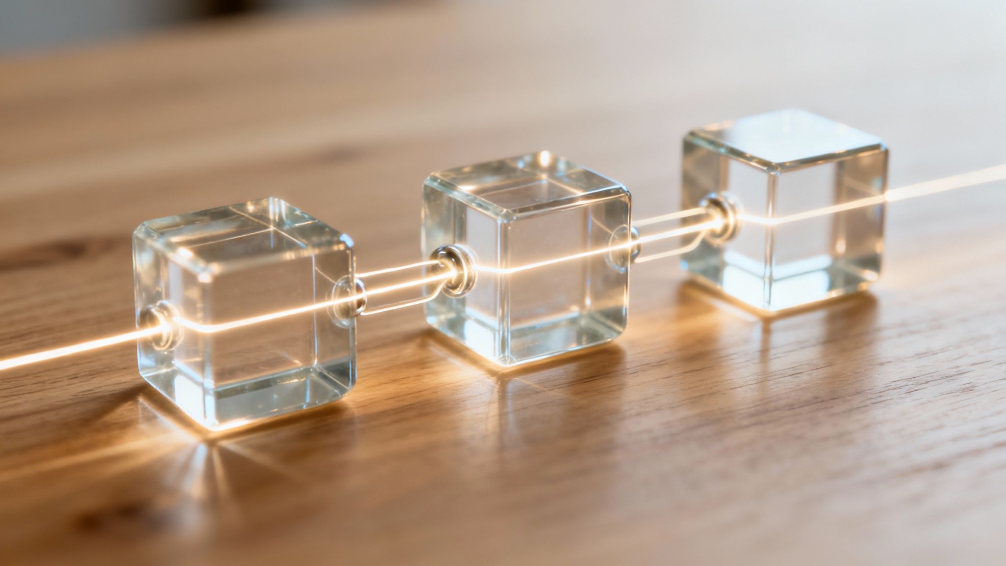 A visual representation of blockchain technology with interconnected blocks and nodes.