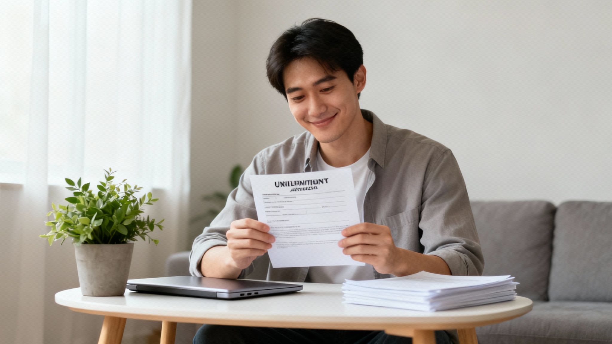 A person sitting at a desk, looking thoughtfully at a laptop while reviewing documents, with a focused yet calm expression.