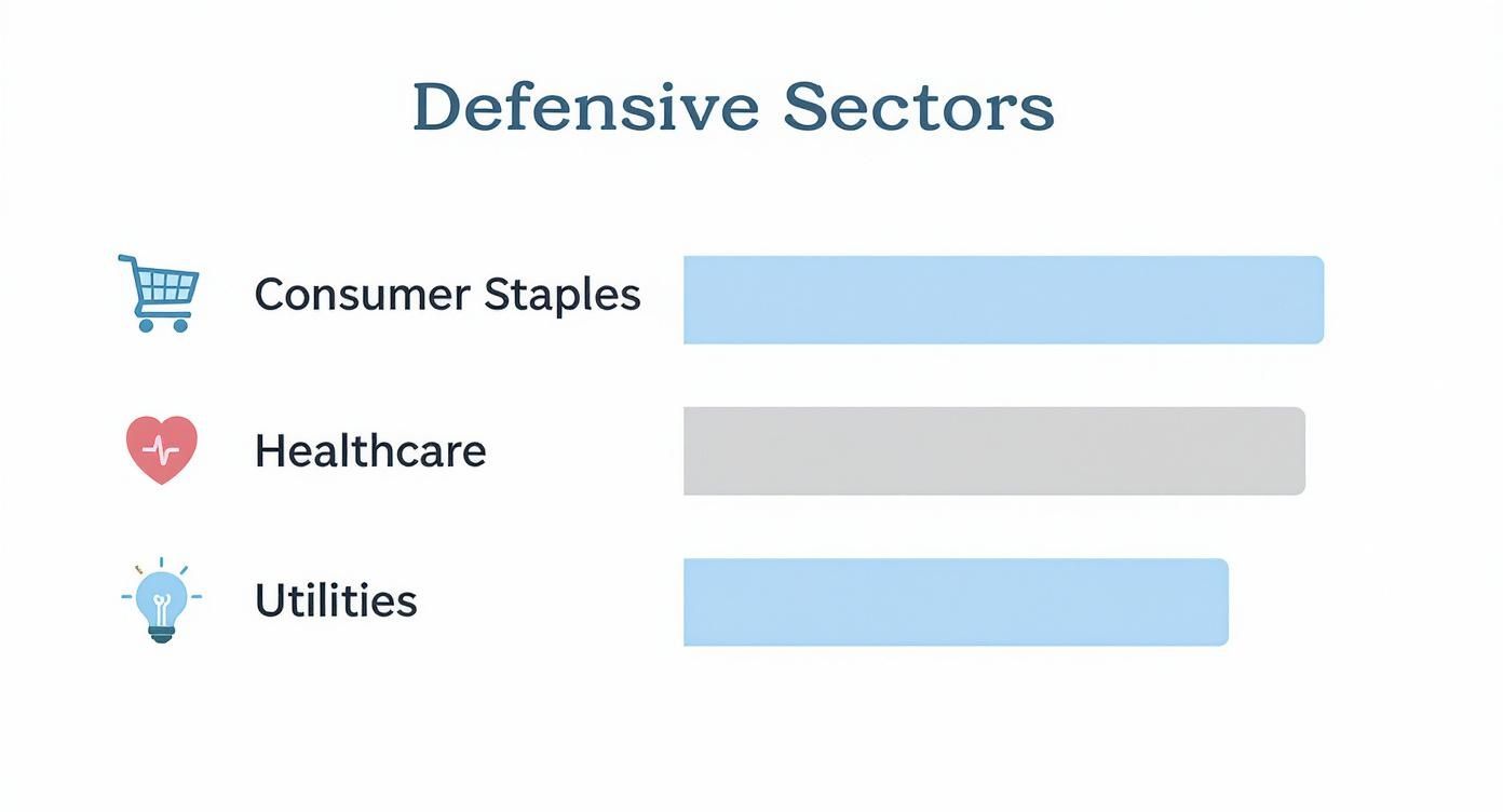 Infographic showcasing the stability of consumer staples, healthcare, and utilities sectors with representative icons.