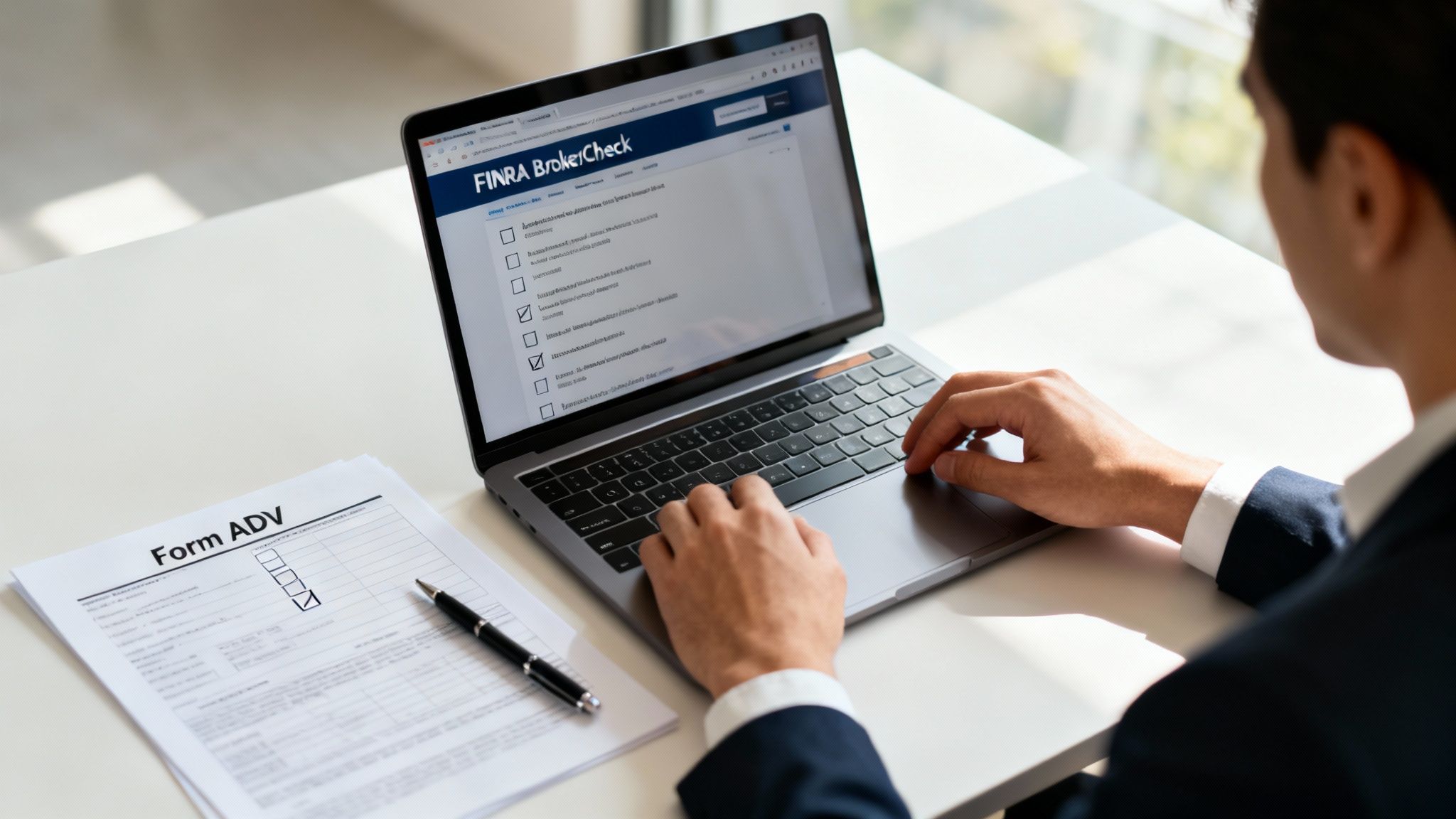 A person carefully reviewing documents with a magnifying glass, symbolizing the detailed process of vetting a financial advisor.