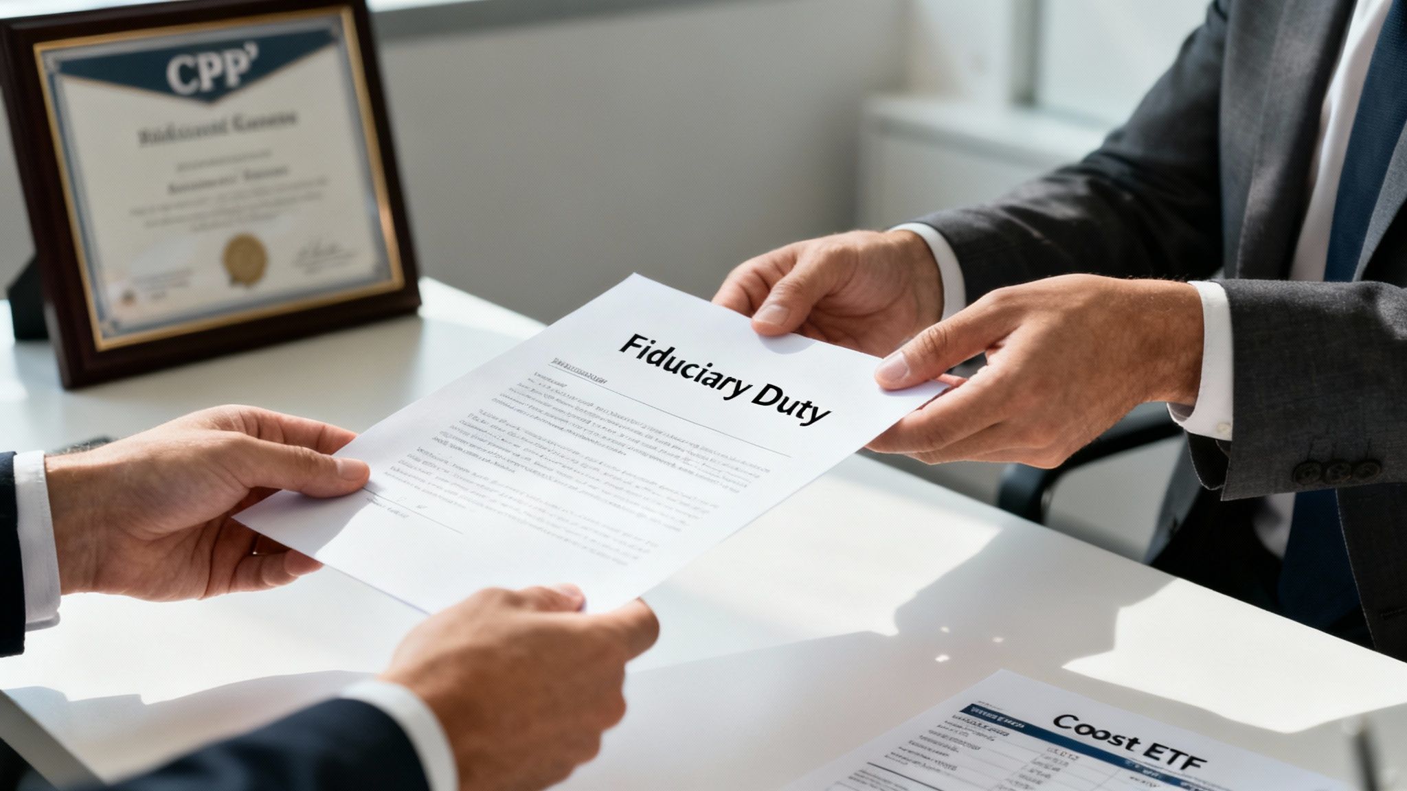 A financial advisor and client reviewing documents at a desk, symbolizing the trust and legal duty of the fiduciary standard.
