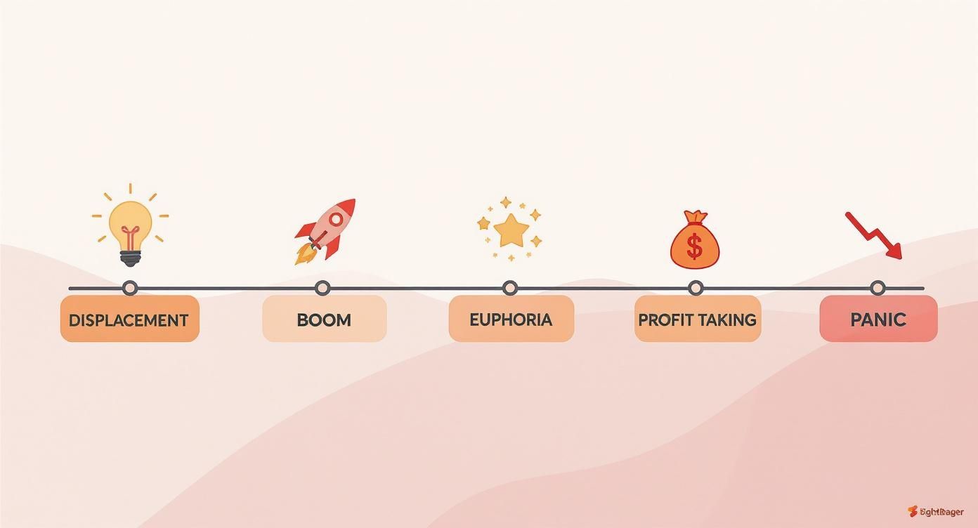 Timeline showing five stages of market bubble cycle from displacement through boom euphoria profit taking to panic