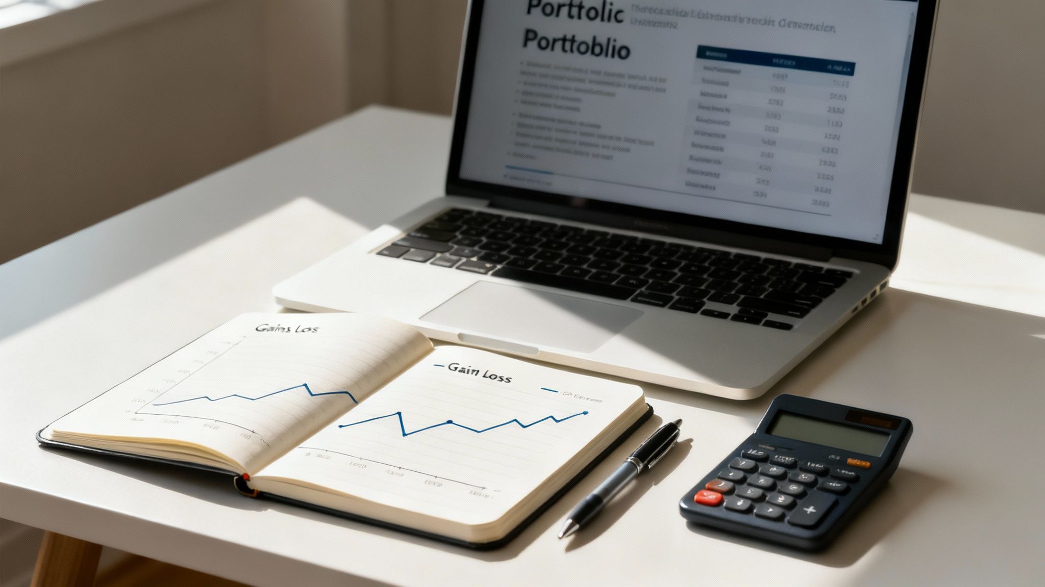 Financial portfolio analysis with gain loss charts, calculator, and laptop showing investment data on desk