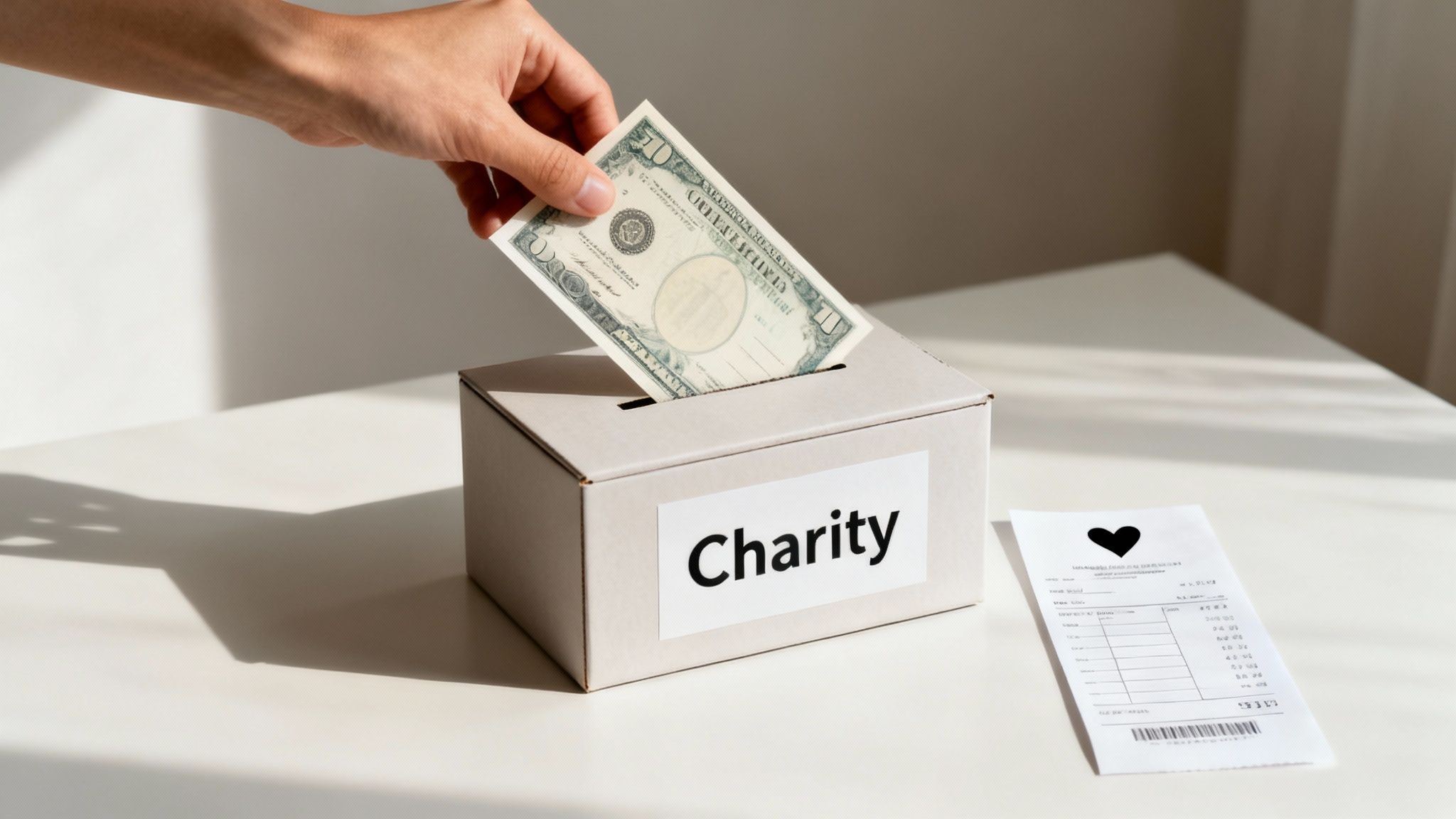 Hand placing fifty dollar bill into charity donation box on white table