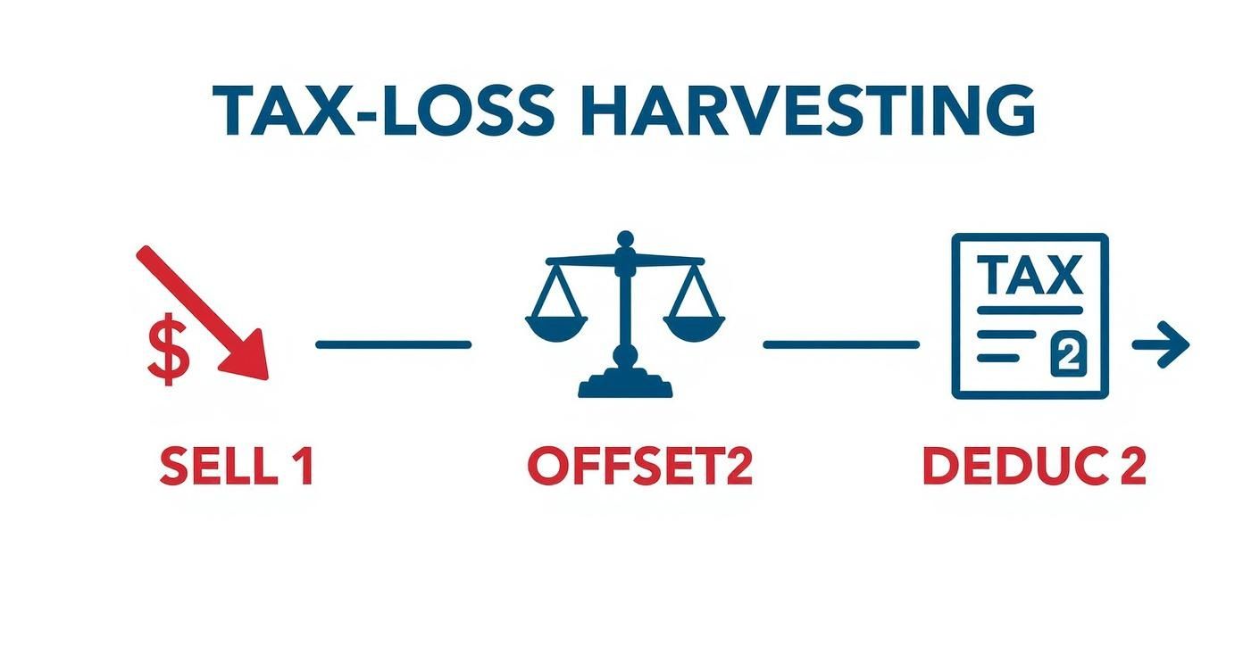 Tax loss harvesting strategy diagram showing three steps: sell losing investments, offset gains, and deduct losses