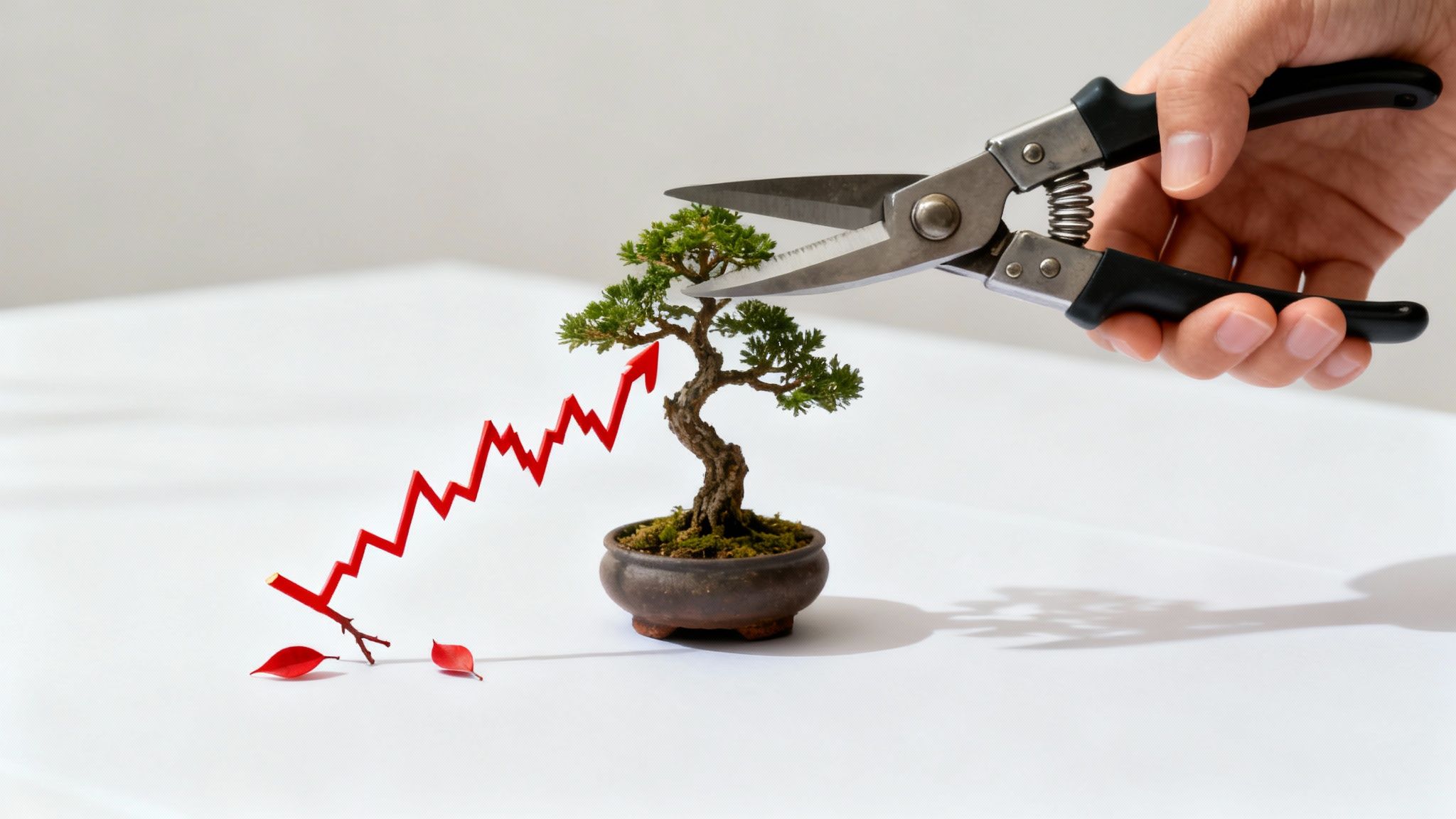 Hand with pruning shears cutting red growth arrow from bonsai tree representing tax reduction strategies