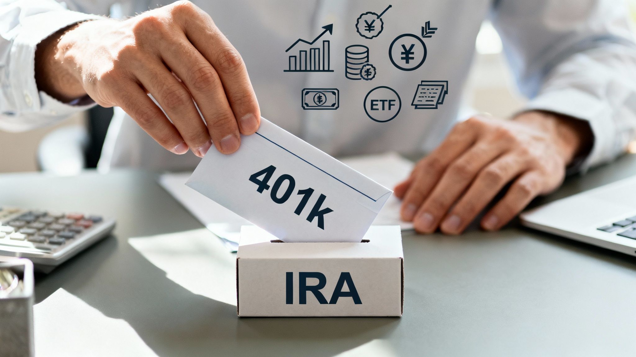 Person inserting 401k paper into IRA box symbolizing retirement account rollover and investment planning