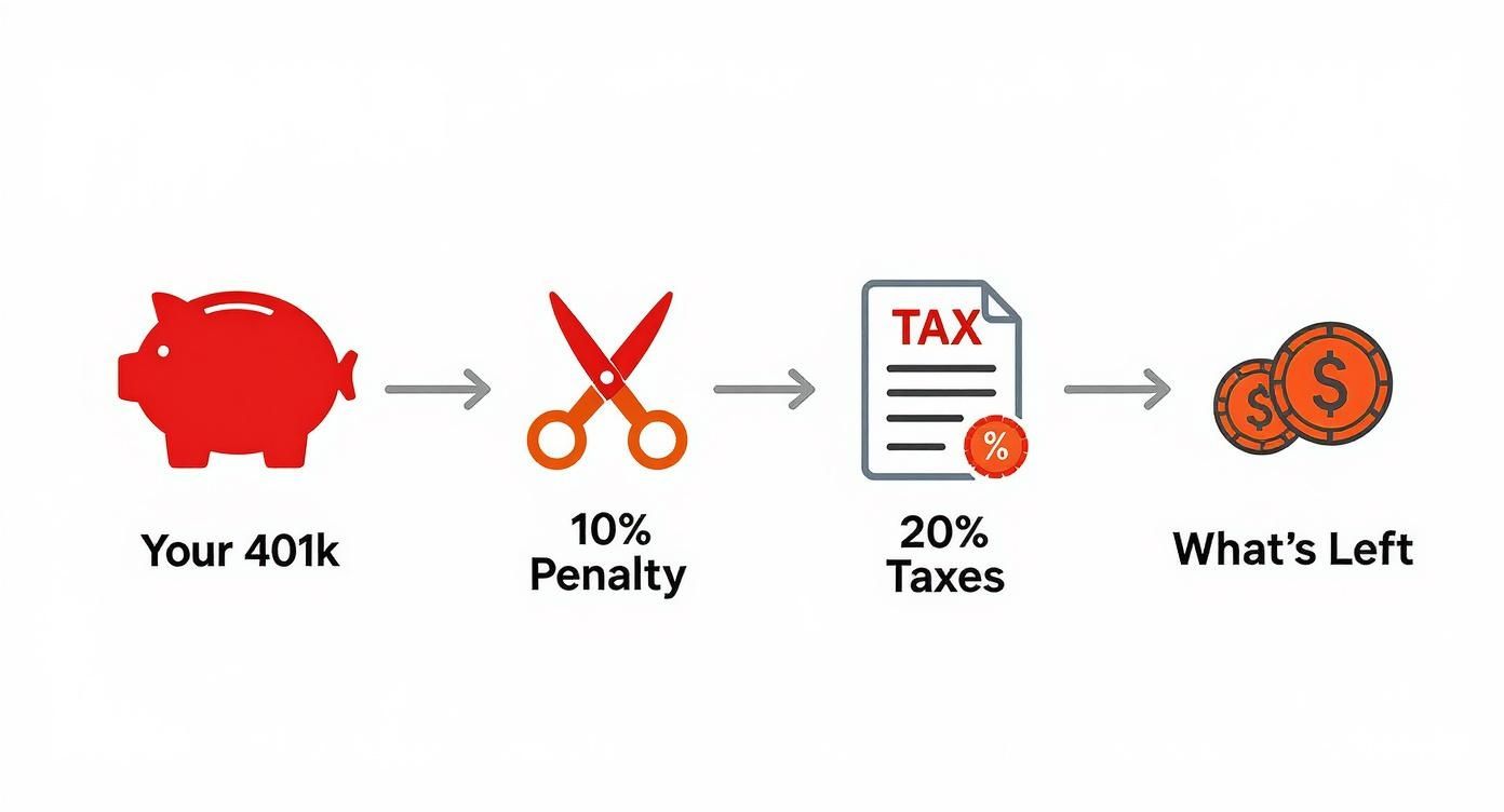 Diagram showing 401k early withdrawal consequences with 10% penalty and 20% taxes reducing final amount