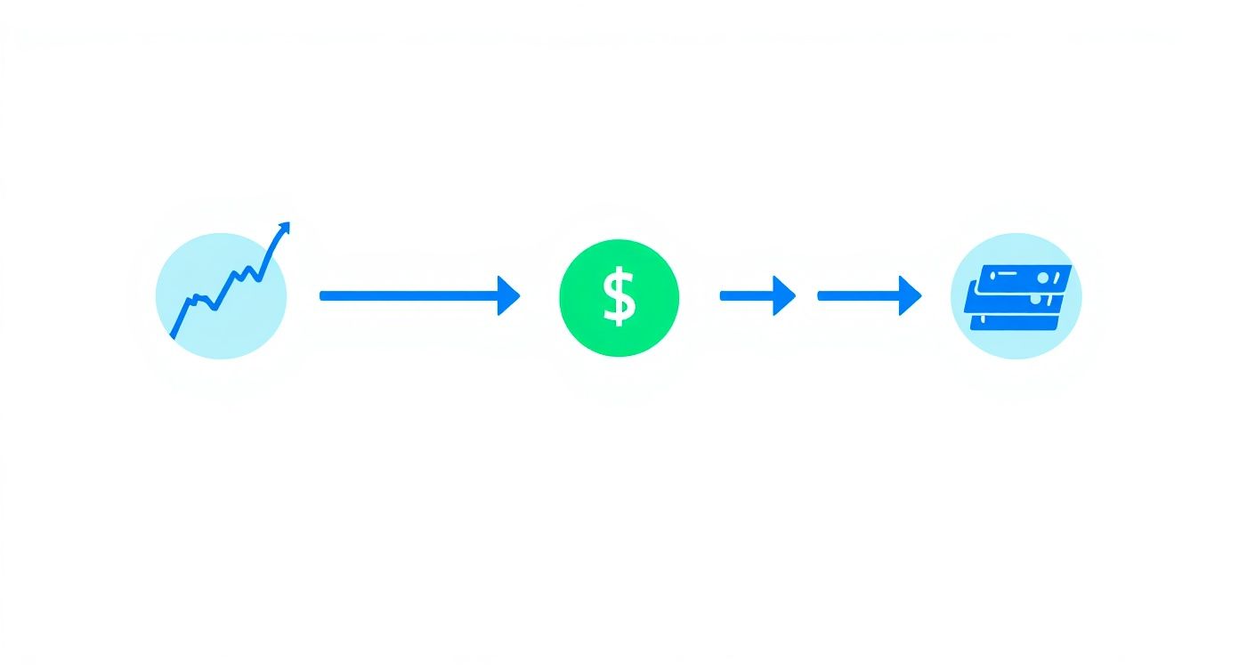 A visual representation showing a rising graph leading to a dollar sign, then to stacked assets, depicting financial growth and accumulation.