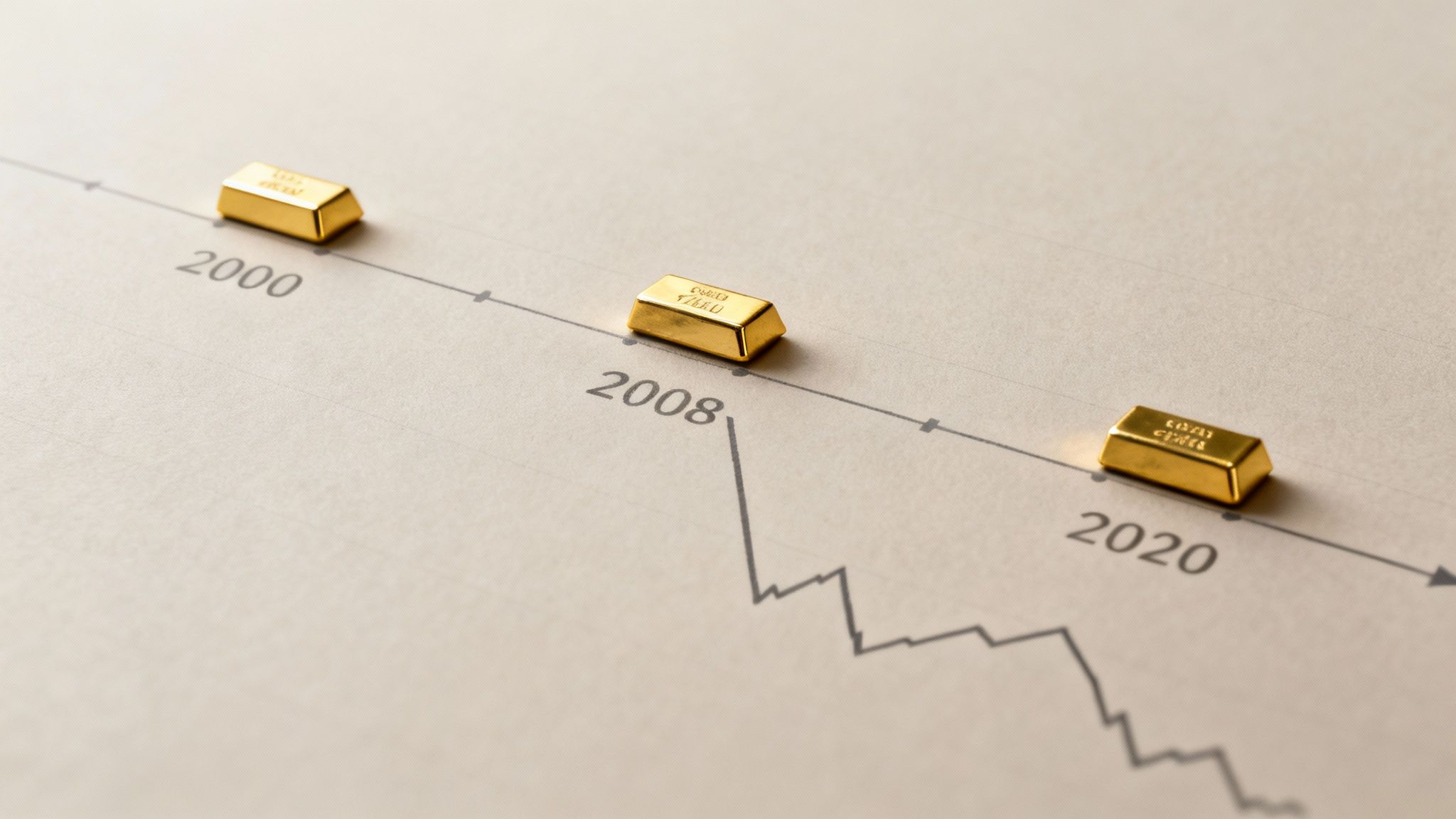 Three gold bars placed on a financial timeline graph indicating market trends over years.