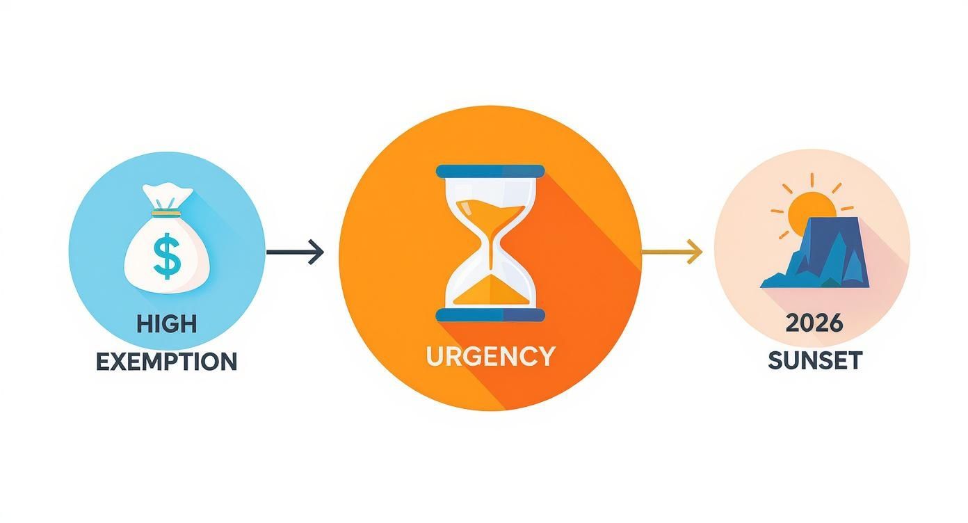 Infographic showing high exemptions, urgency, and a 2026 sunset, depicting a financial planning timeline.