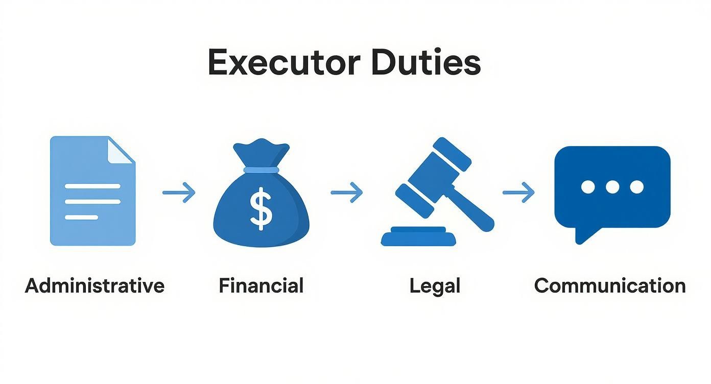 A diagram illustrating the four main executor duties: administrative, financial, legal, and communication.