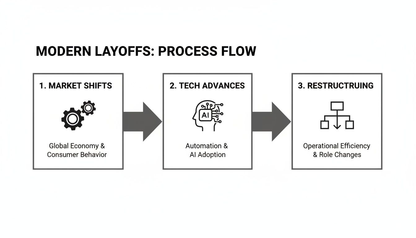 A modern layoffs process flow diagram with three steps: market shifts, tech advances, and restructuring.