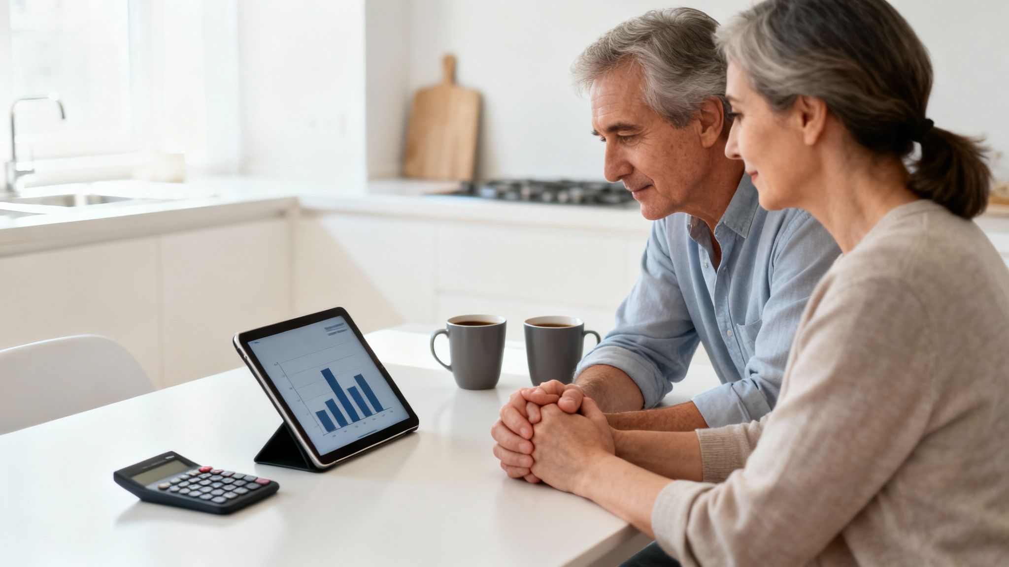 Elderly couple reviewing financial data on a tablet with a calculator and coffee in their kitchen.