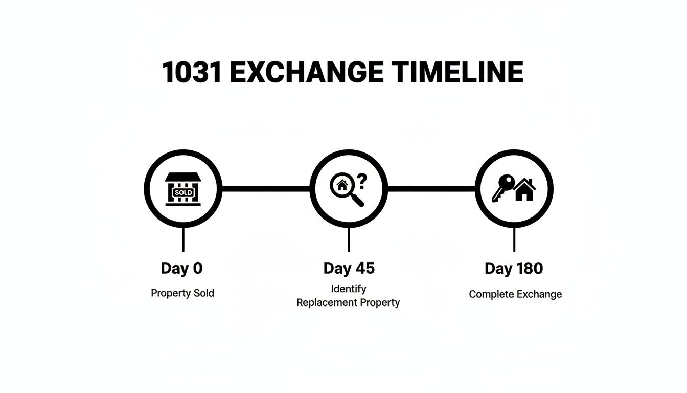 Timeline illustrating the 1031 exchange process from property sale to replacement within 180 days.