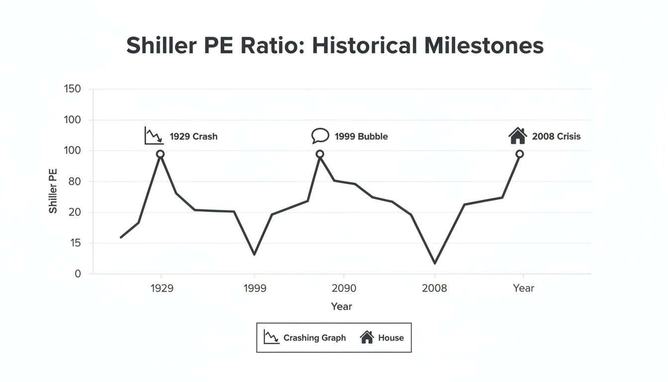 Line graph showing historical Shiller PE Ratio milestones: 1929 Crash, 1999 Bubble, 2008 Crisis.