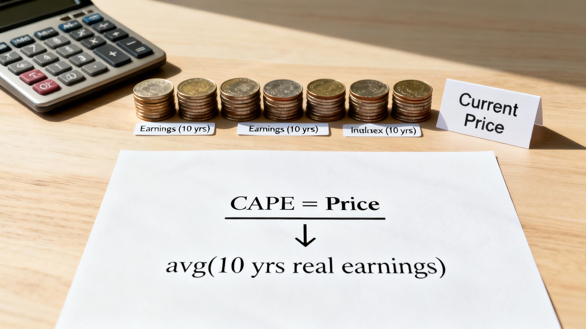 Financial tools including a calculator, stacked coins, and paper illustrating the CAPE ratio formula.