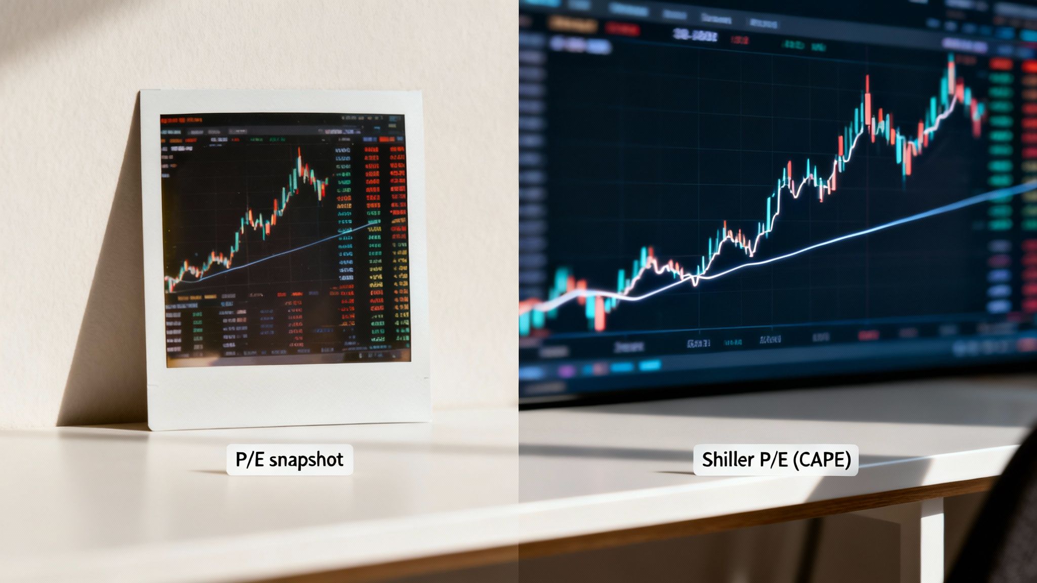 A polaroid photo displays P/E snapshot next to a Shiller P/E (CAPE) stock chart on a screen.