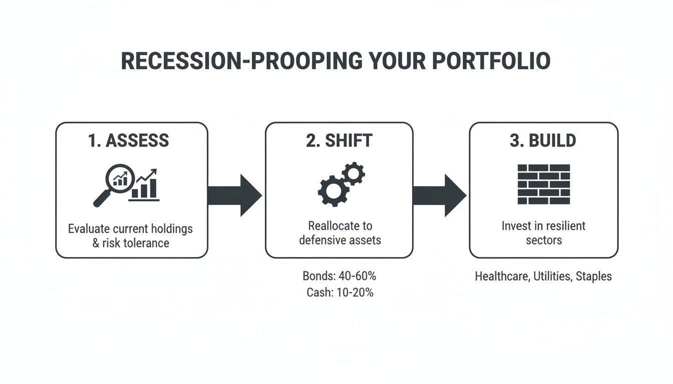 Infographic illustrating a three-step guide to recession-proofing an investment portfolio: Assess, Shift, Build, with asset allocation advice.