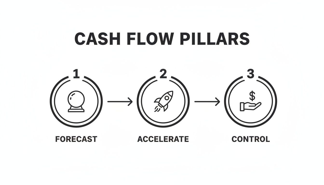 An infographic illustrating the three cash flow pillars: Forecast, Accelerate, and Control, with icons.