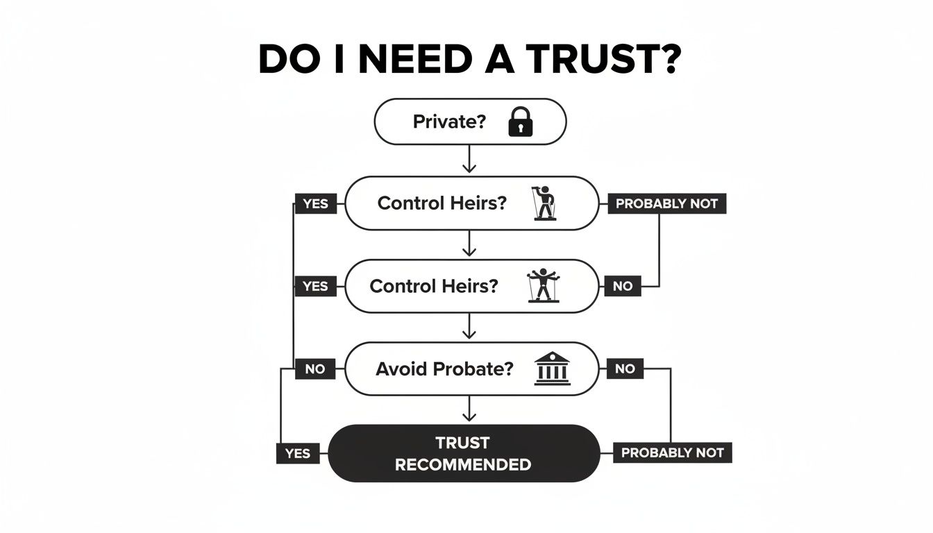 Flowchart answering 'Do I need a trust?' based on privacy, heir control, and probate avoidance.