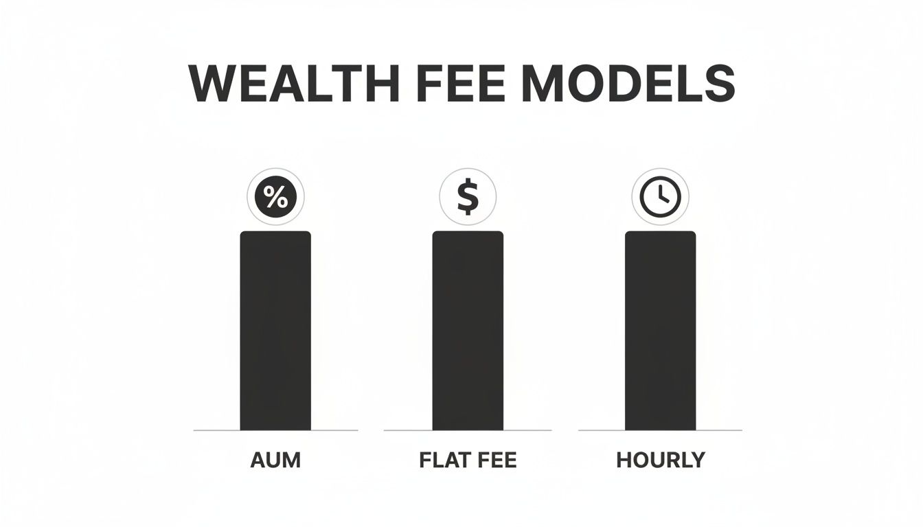 Bar chart comparing three wealth fee models: AUM (percentage), Flat Fee (dollar), and Hourly (clock).