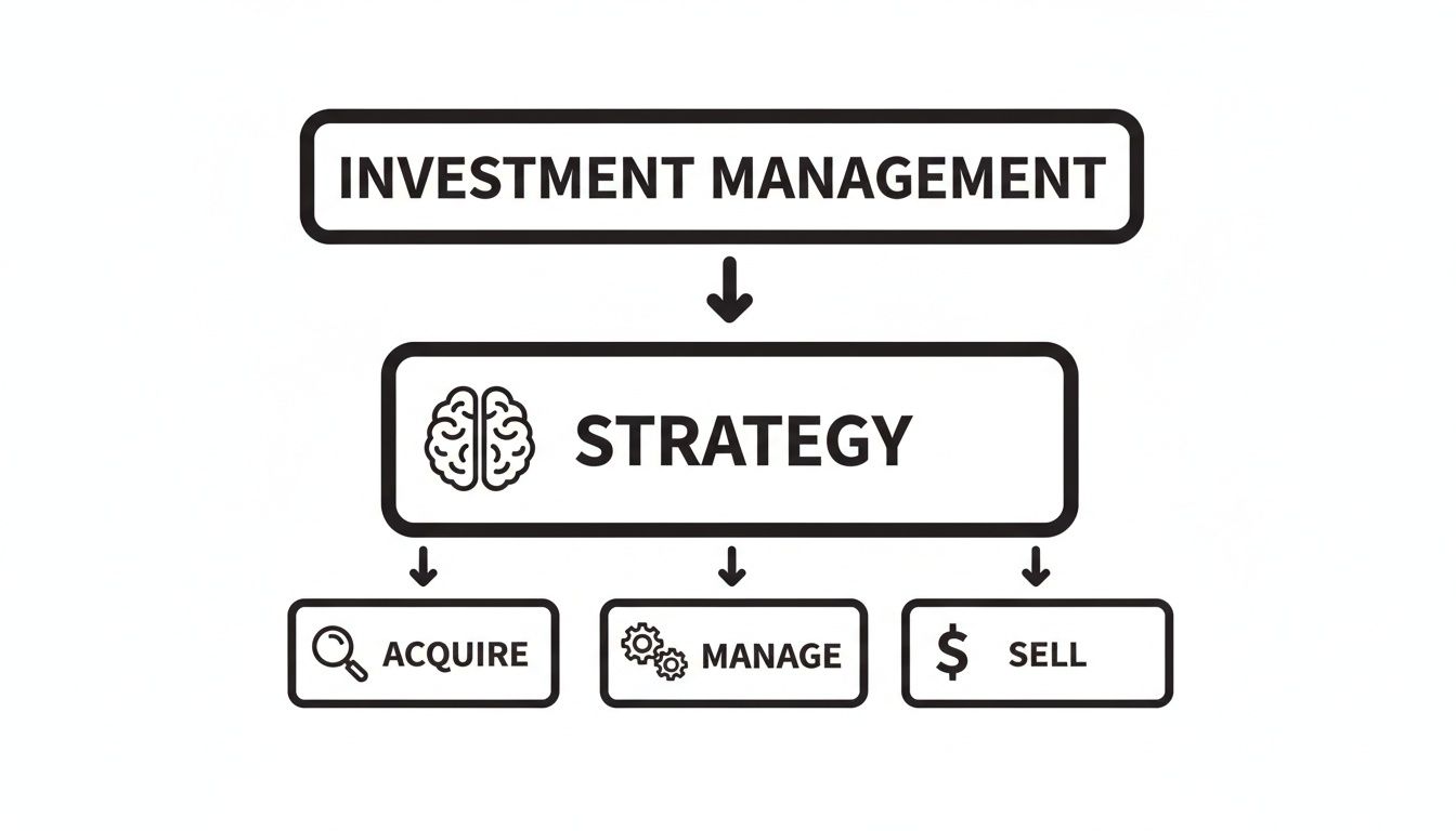 Flowchart illustrating investment management process: strategy leading to acquire, manage, and sell phases.