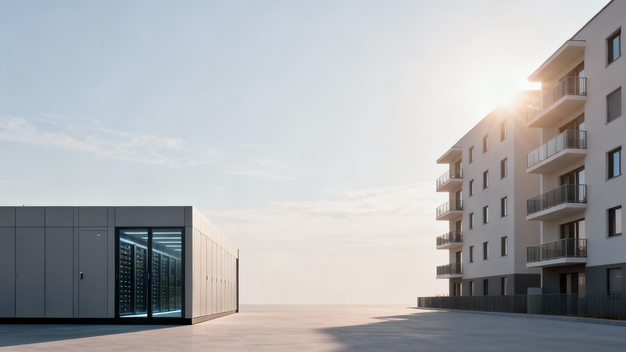 Modern data center facility with server racks next to a residential building under a bright sun.