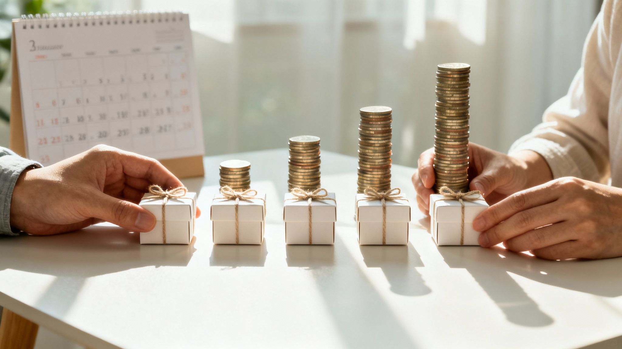 Hands arranging small gift boxes with stacks of coins, symbolizing financial growth and savings.
