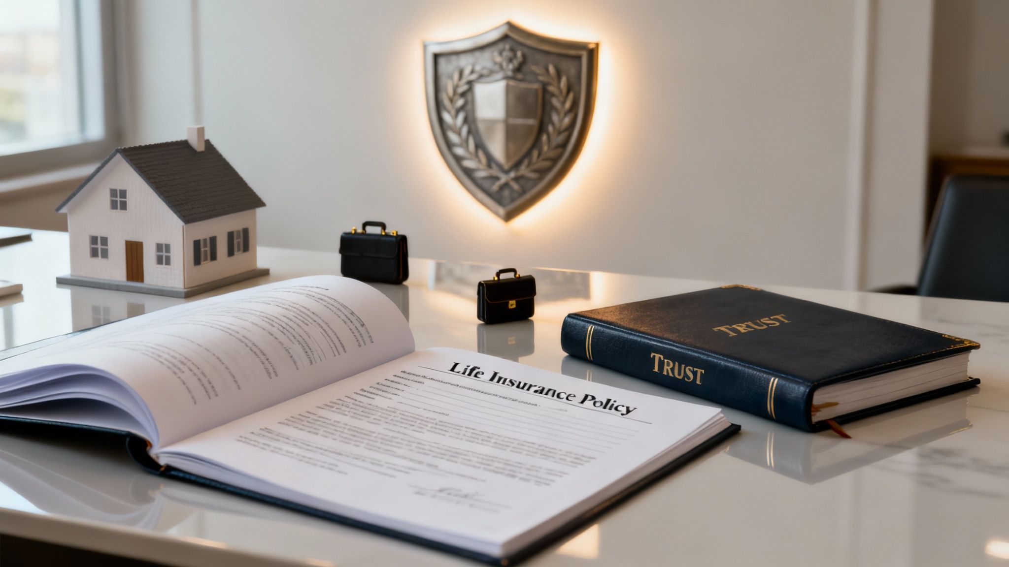 Financial planning desk setup with a model house, life insurance policy, trust book, and miniature briefcases.