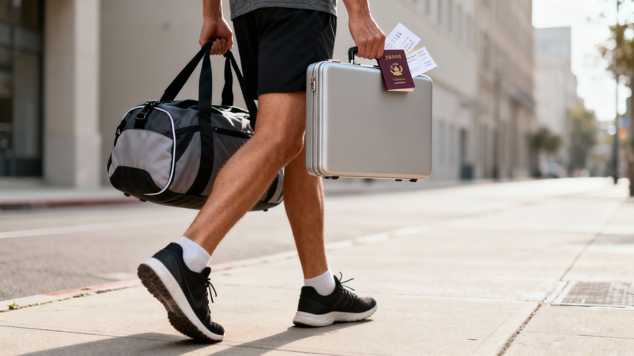 Professional athlete walking on a city street, carrying a duffel bag and a briefcase with a passport and tickets.