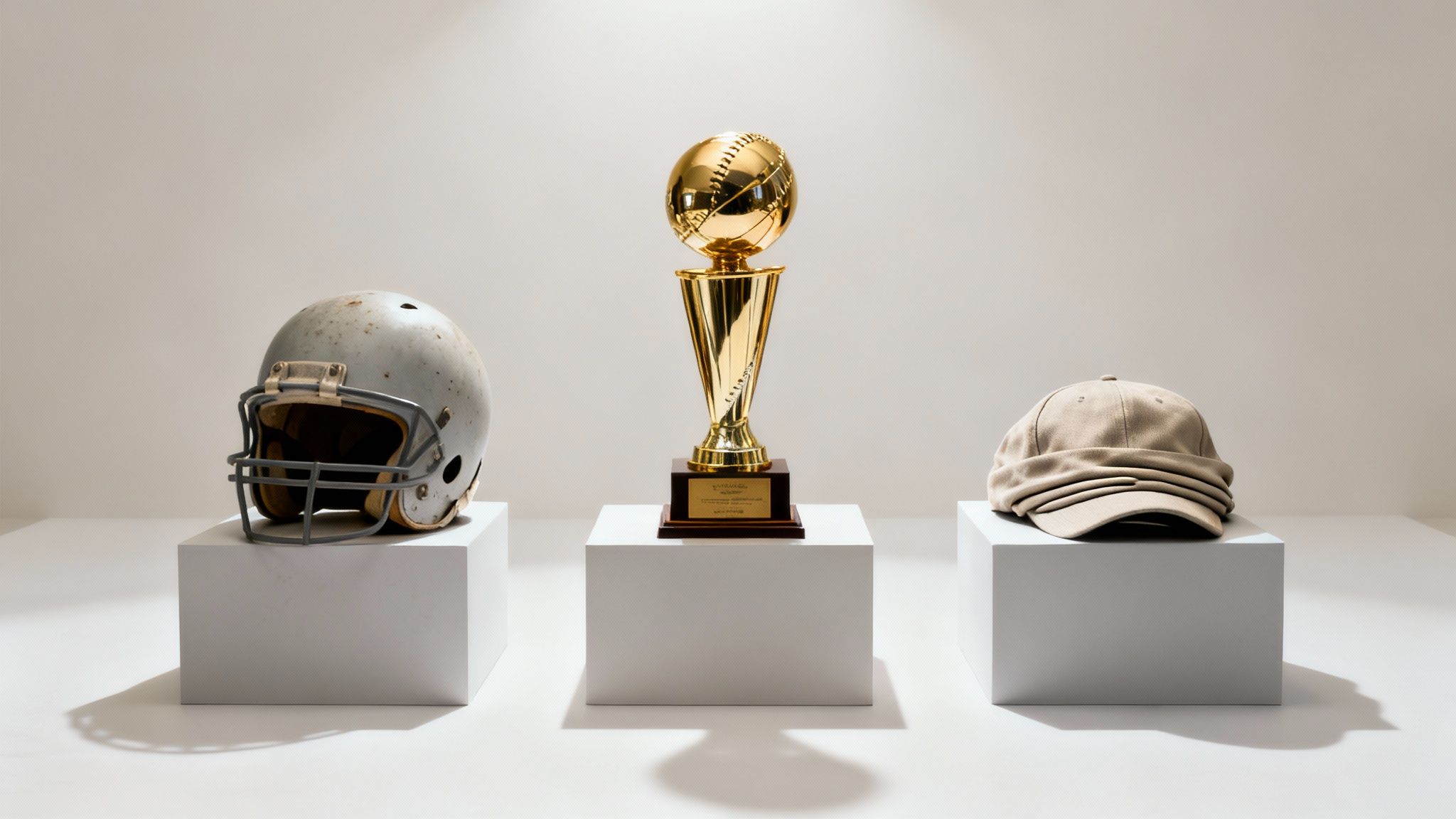 Three symbolic sports items: a football helmet, a gold baseball trophy, and a baseball cap.