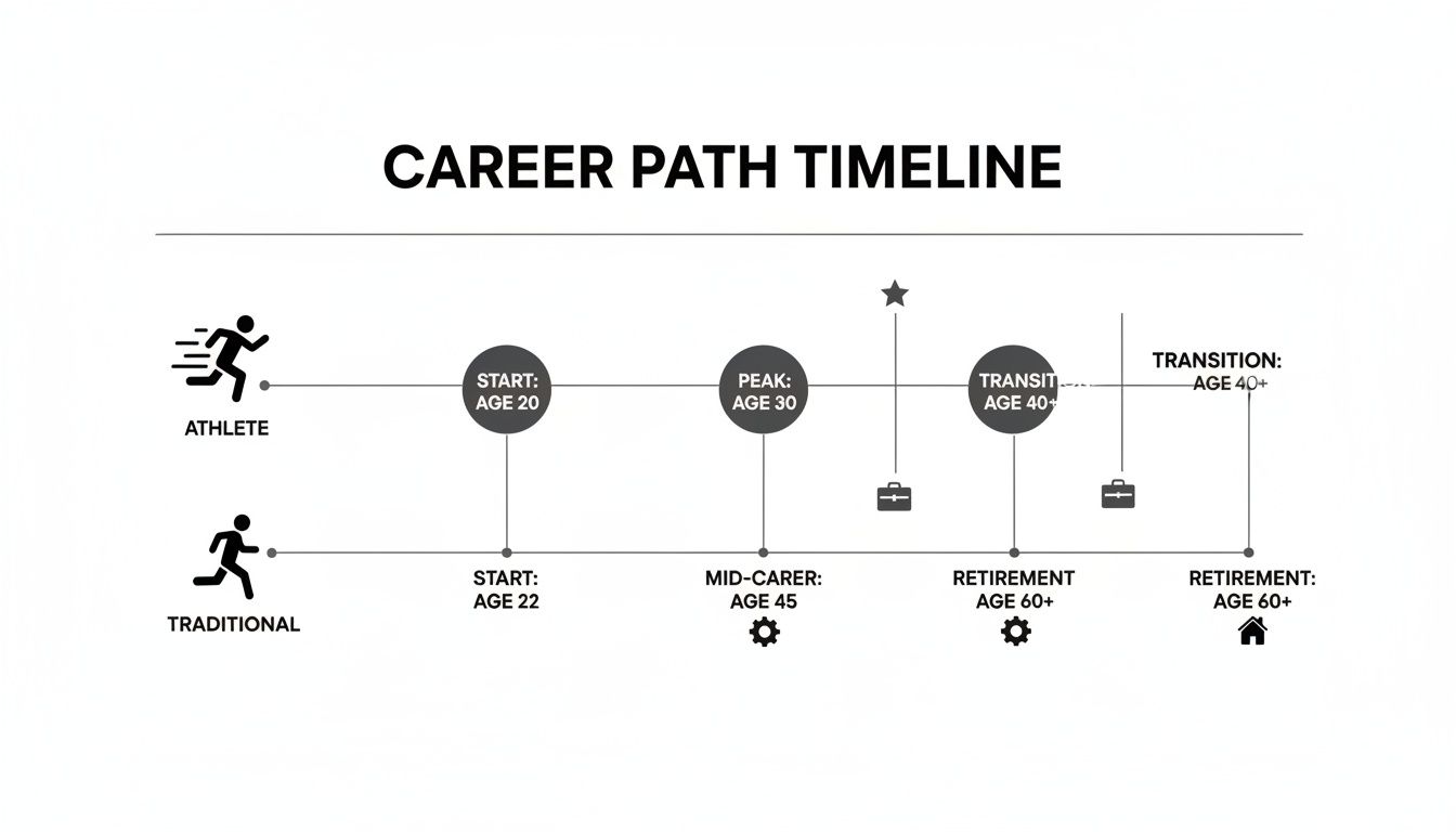 Timeline chart comparing athlete and traditional career paths, highlighting start, peak, transition, and retirement ages.