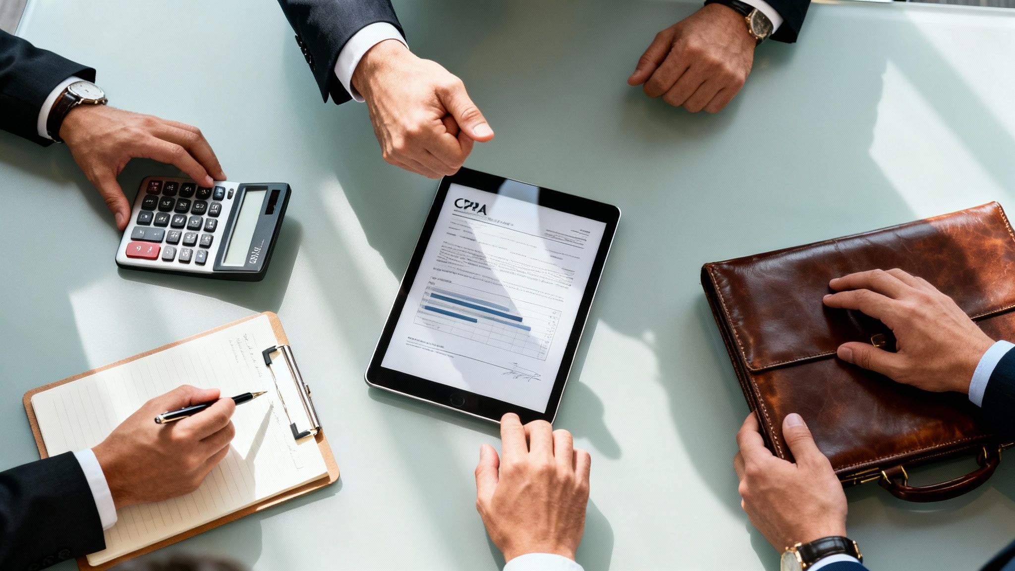 Overhead view of professionals discussing business with a calculator, tablet, and notes on a table.