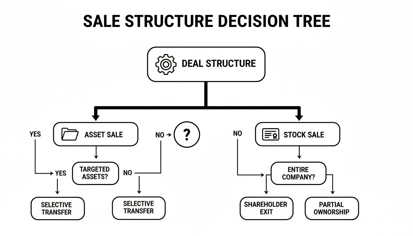 Decision tree illustrating sale structure options, including asset sale, stock sale, and ownership details.