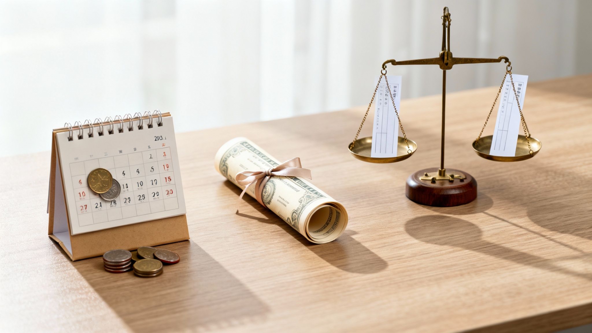 A desk with a calendar, coins, a rolled dollar bill, and a justice scale, symbolizing financial decisions.