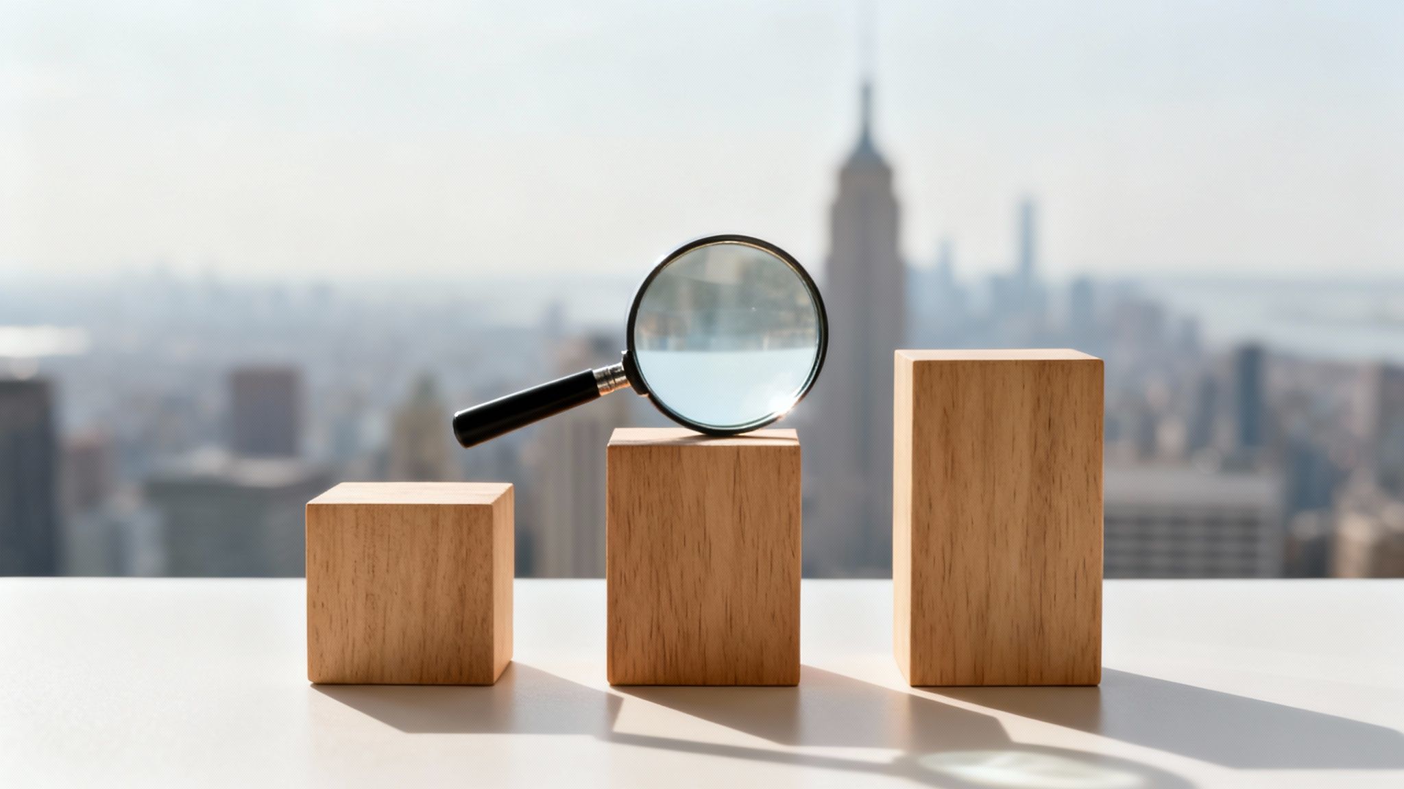 A magnifying glass rests on a wooden block among others, resembling a bar chart, with a city skyline background.