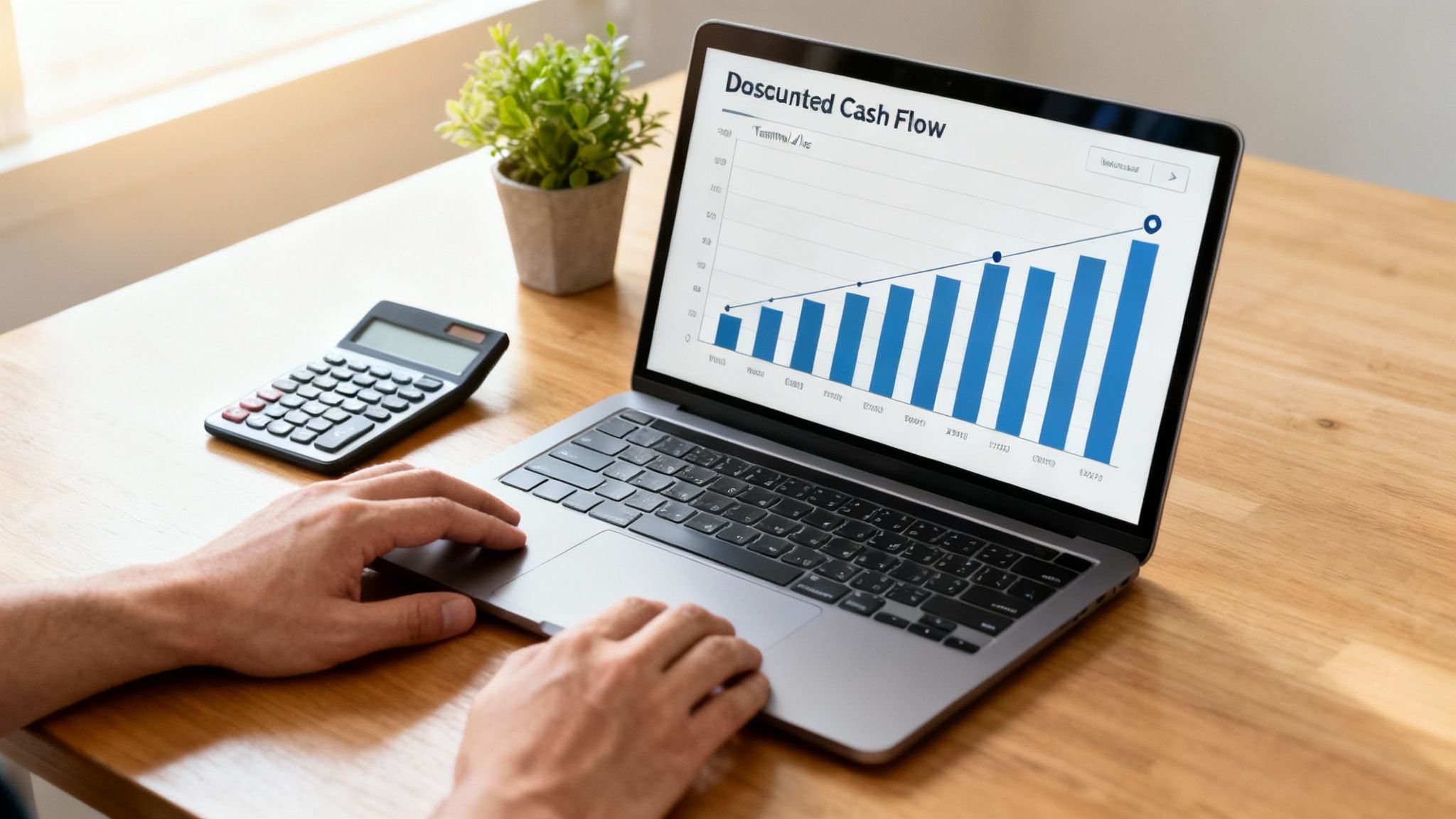 A person's hands are on a laptop displaying a discounted cash flow graph, next to a calculator and a plant.