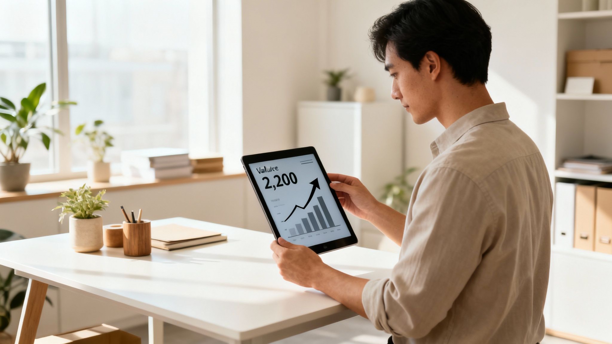 Young Asian man analyzes business value and growth chart on a digital tablet in an office.