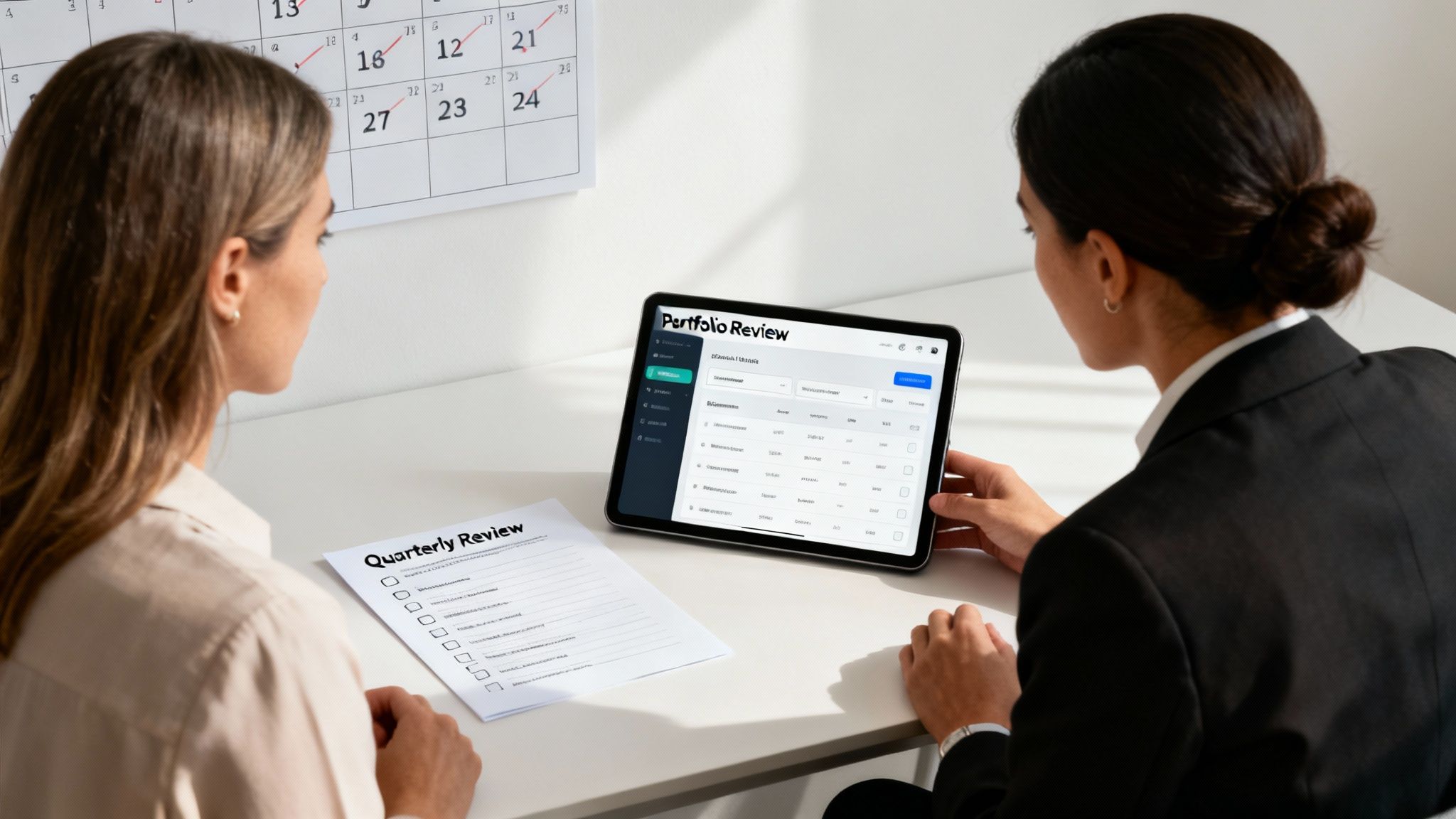 Two women review financial documents and a digital portfolio on a tablet during a quarterly meeting.