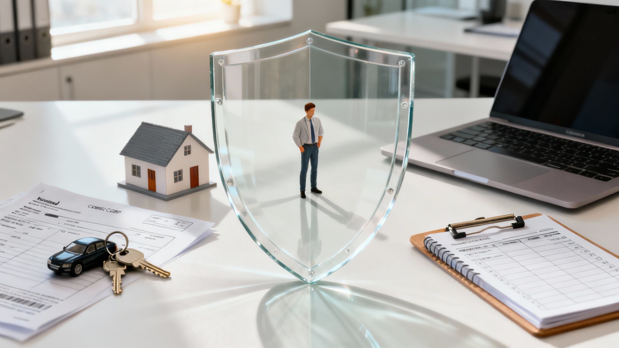 A miniature man protected by a glass shield on a desk with home, car, and insurance documents.