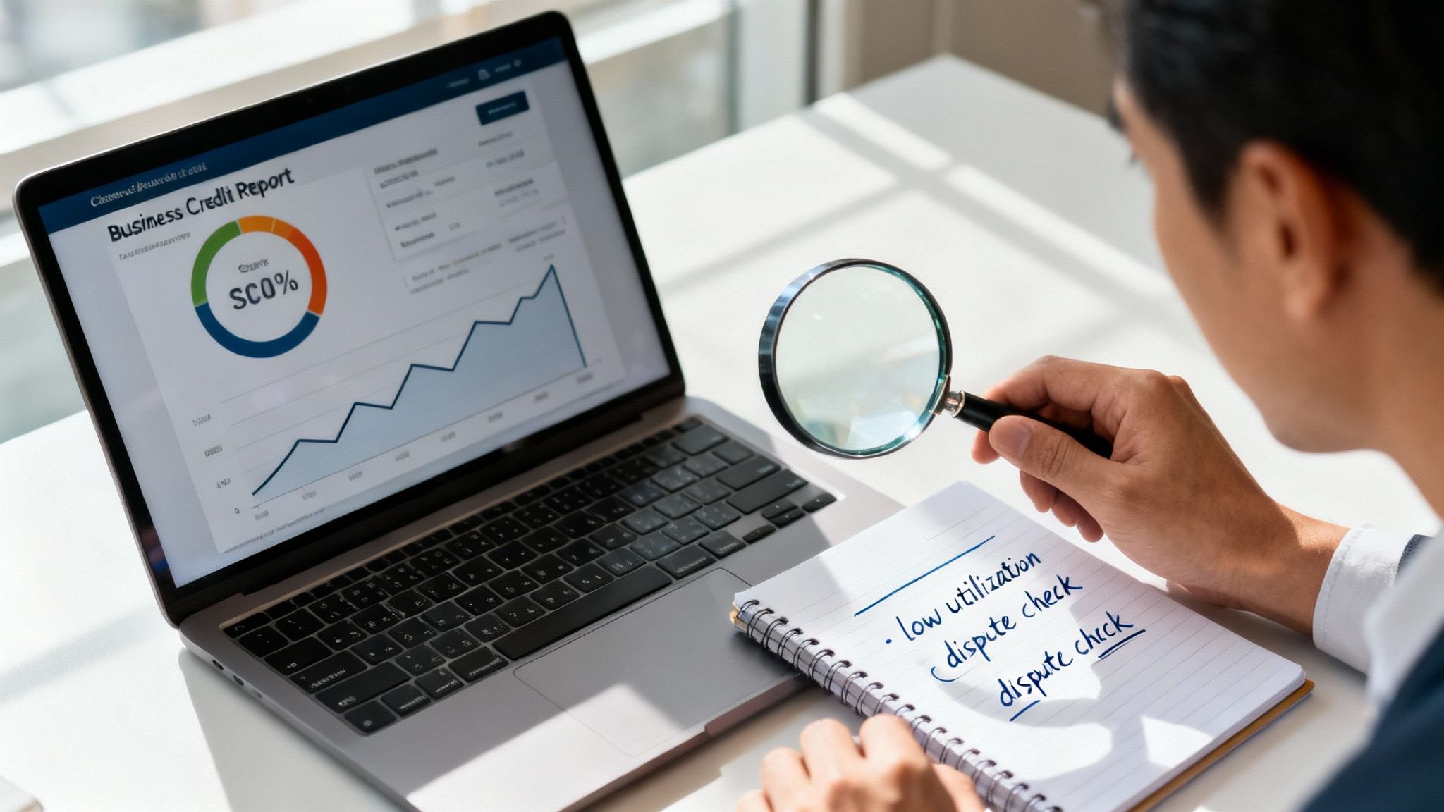 Person reviewing a business credit report on a laptop screen with a magnifying glass and notepad.