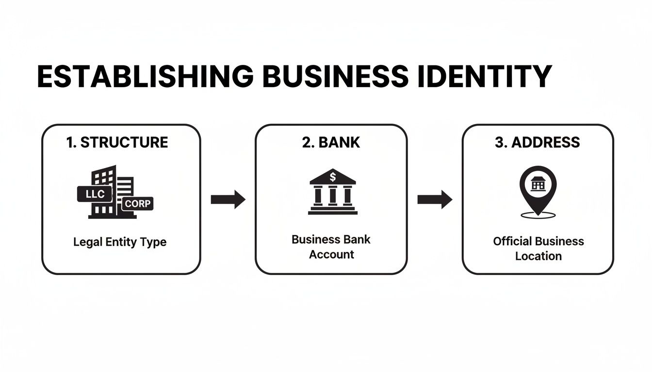 Flowchart illustrating three essential steps to establish a business identity: legal structure, business bank account, and official location.