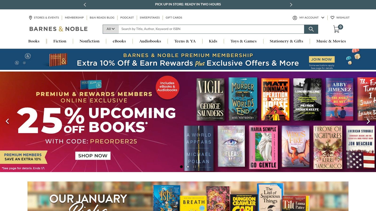 Barnes & Noble homepage showing a featured book and navigation menu