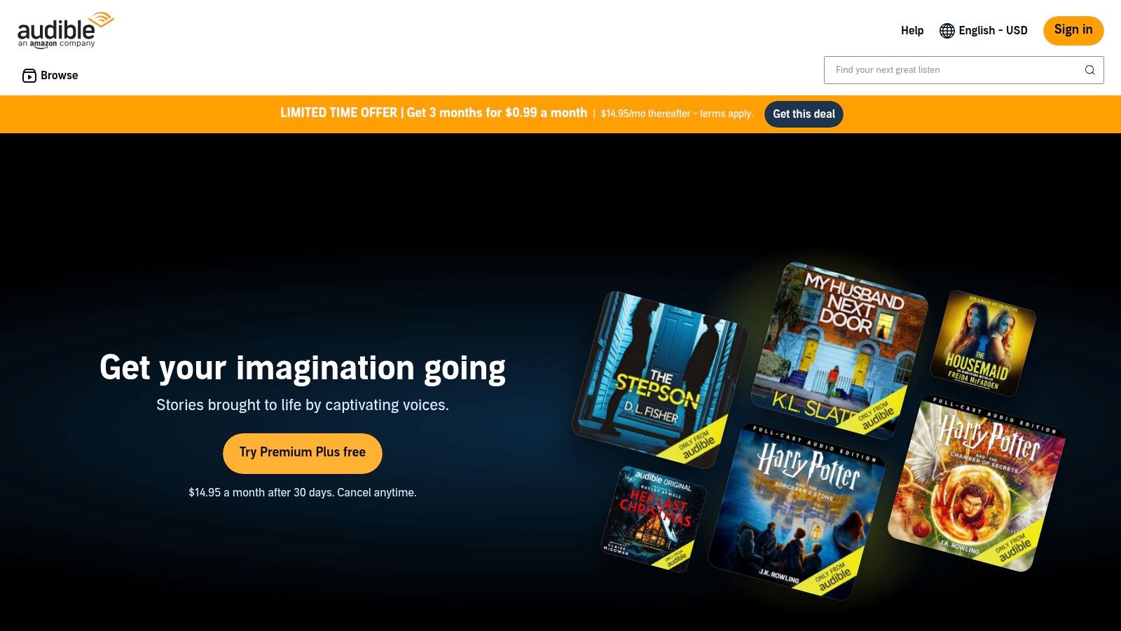 Audible app interface showing audiobooks and the Plus Catalog