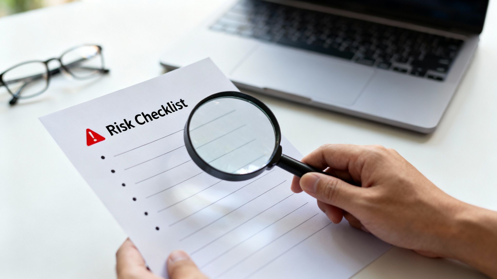 A person uses a magnifying glass to review a 'Risk Checklist' document on a desk with a laptop.