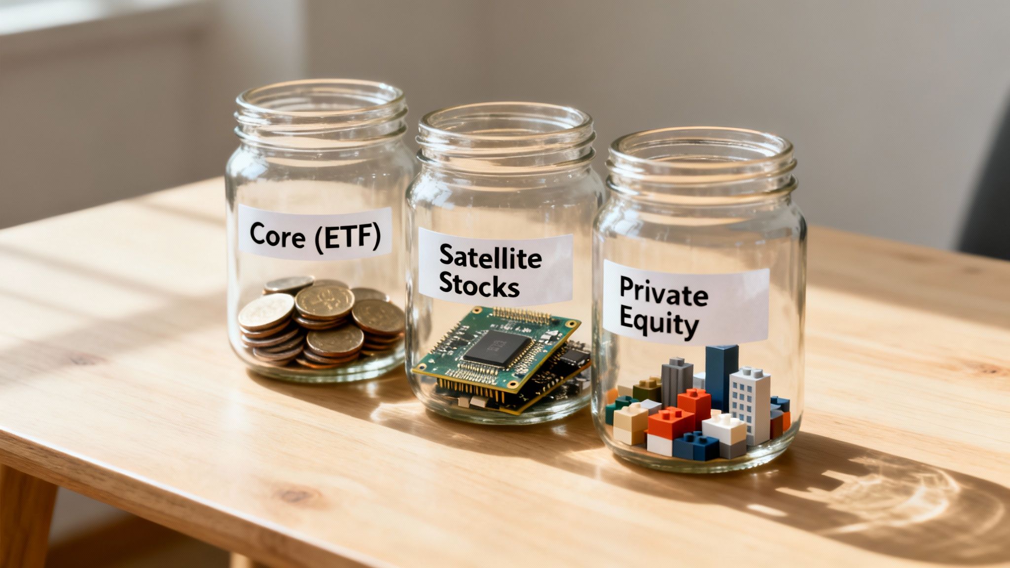 Three jars labeled Core (ETF), Satellite Stocks, and Private Equity, illustrating diverse investment strategies.