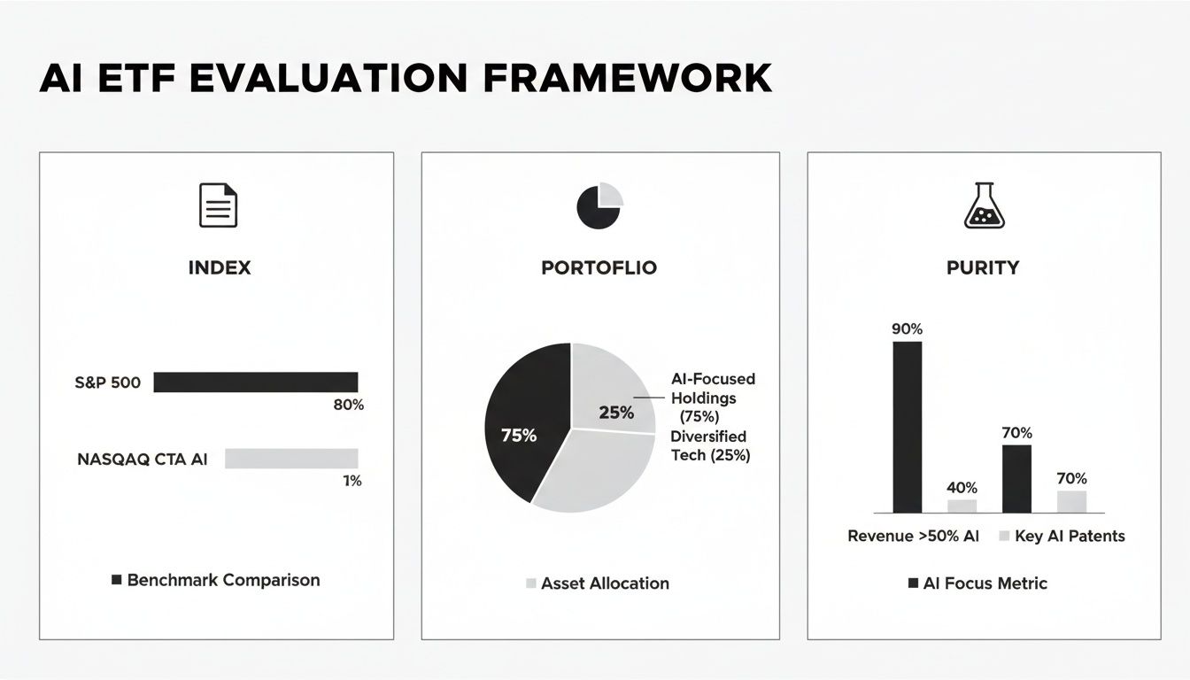 AI ETF evaluation framework illustrating index comparison, portfolio allocation, and AI purity metrics.