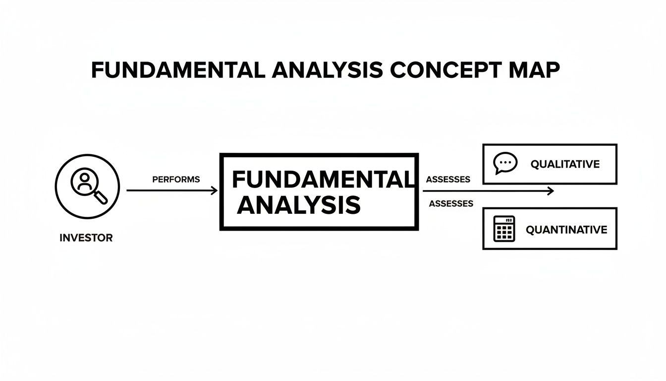A concept map illustrating fundamental analysis, showing an investor performing analysis that assesses qualitative and quantitative factors.