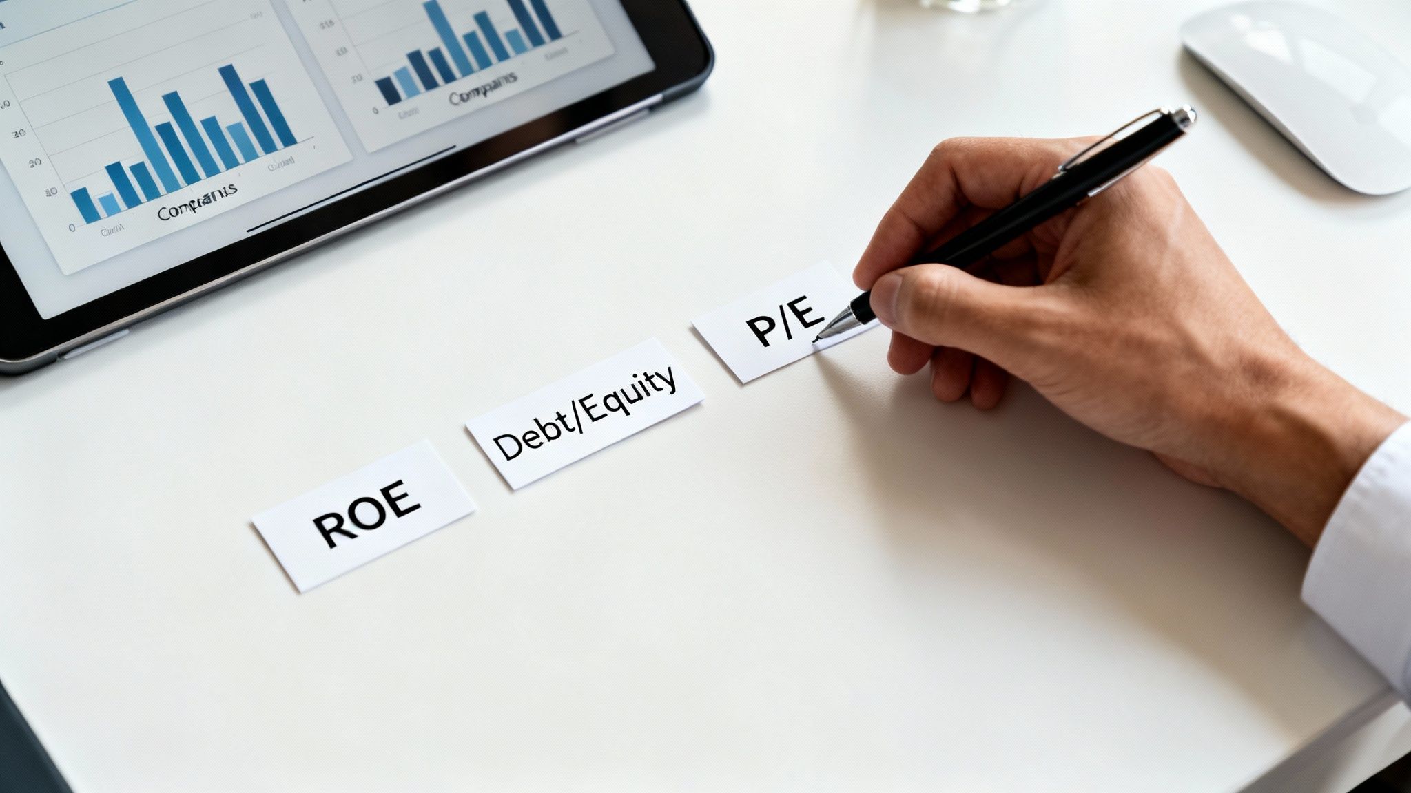 A hand writes on a 'P/E' card, alongside 'ROE' and 'Debt/Equity' cards, with a tablet displaying charts.